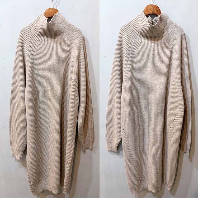 ゆったり ぽわん袖 ハイネック ロング ニットワンピース