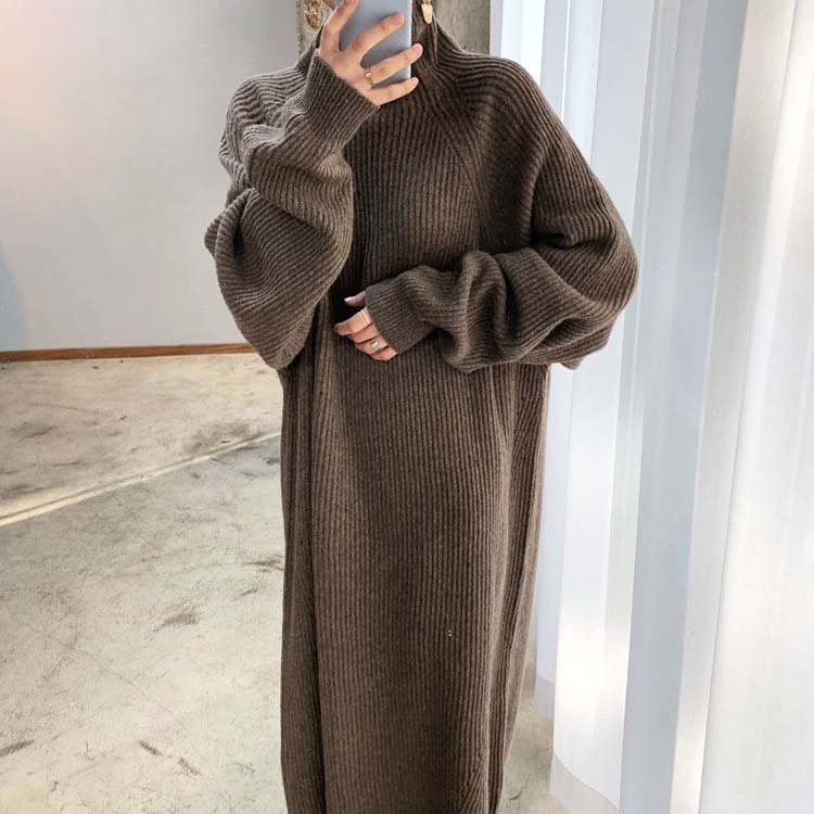 ゆったり ぽわん袖 ハイネック ロング ニットワンピース