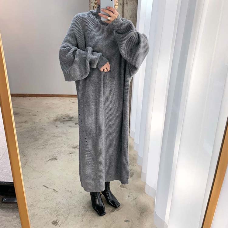 ゆったり ぽわん袖 ハイネック ロング ニットワンピース