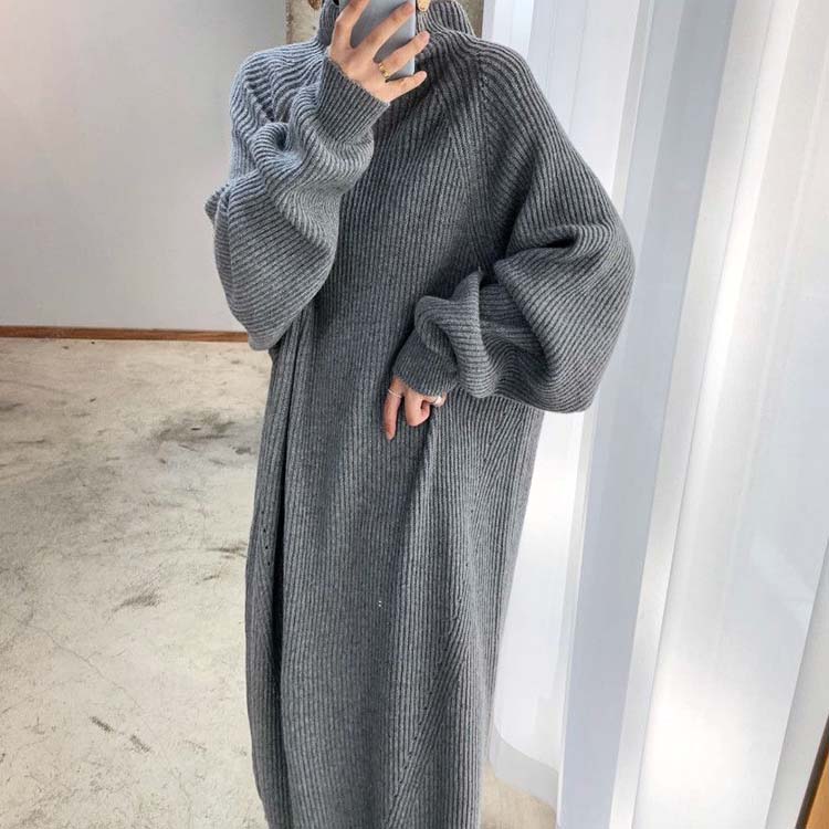 ゆったり ぽわん袖 ハイネック ロング ニットワンピース