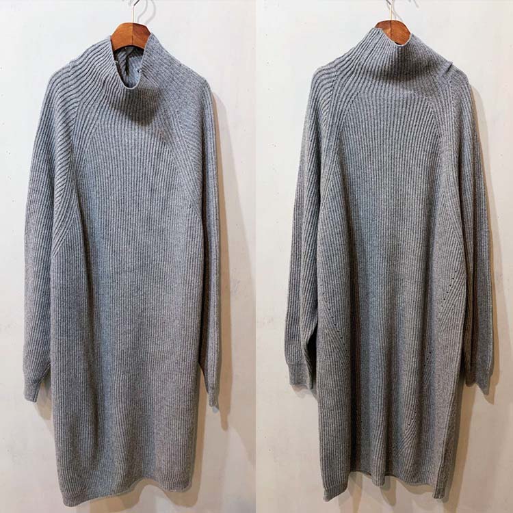 ゆったり ぽわん袖 ハイネック ロング ニットワンピース