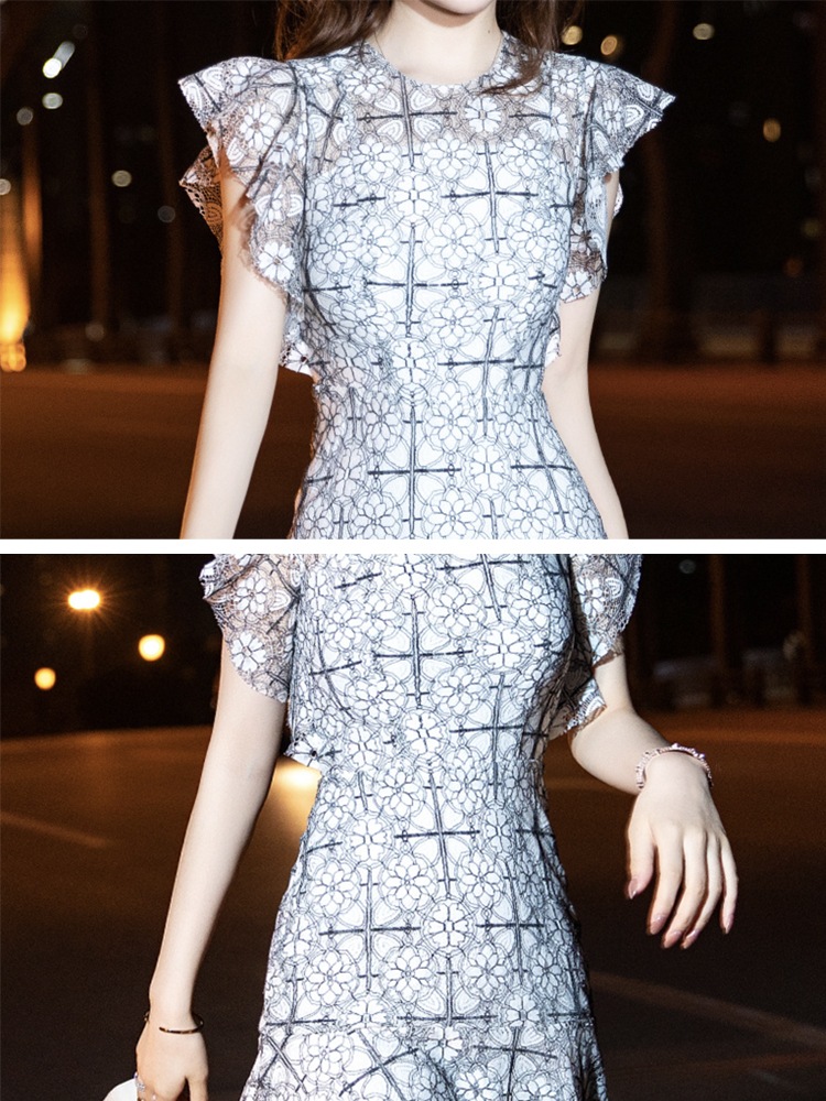 花柄レース フリル フレンチスリーブ パーティードレス