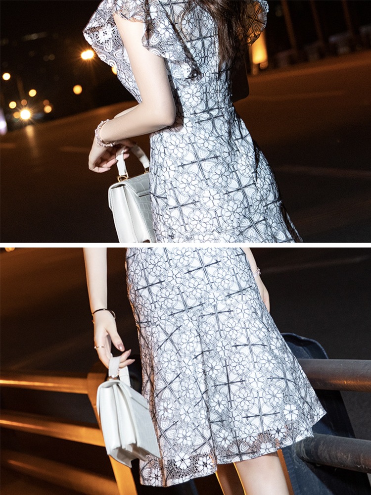 花柄レース フリル フレンチスリーブ パーティードレス