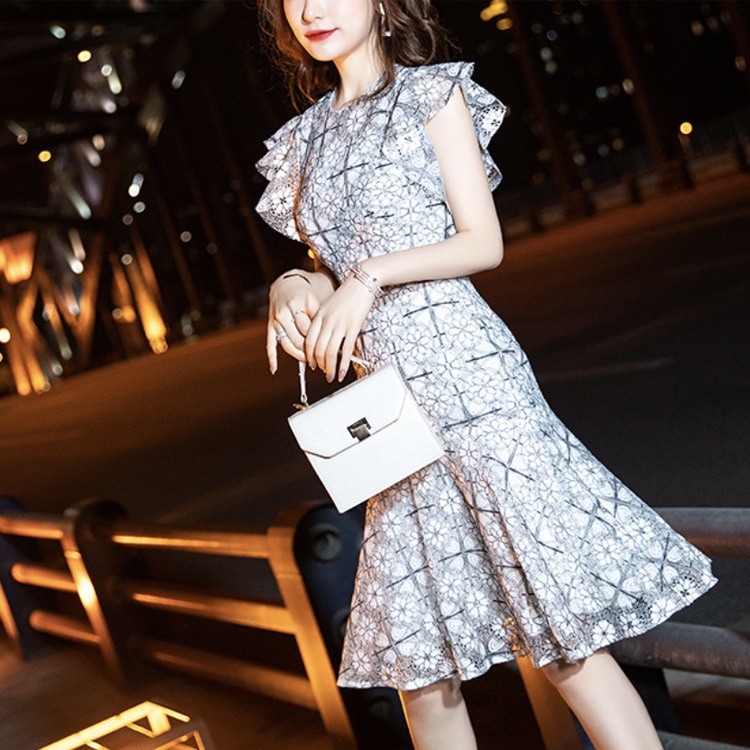 花柄レース フリル フレンチスリーブ パーティードレス