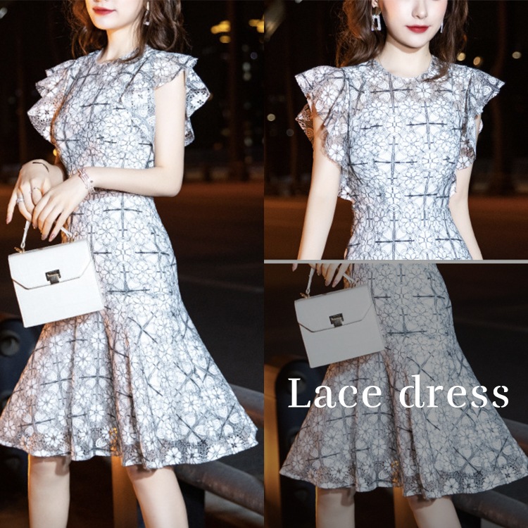 花柄レース フリル フレンチスリーブ パーティードレス