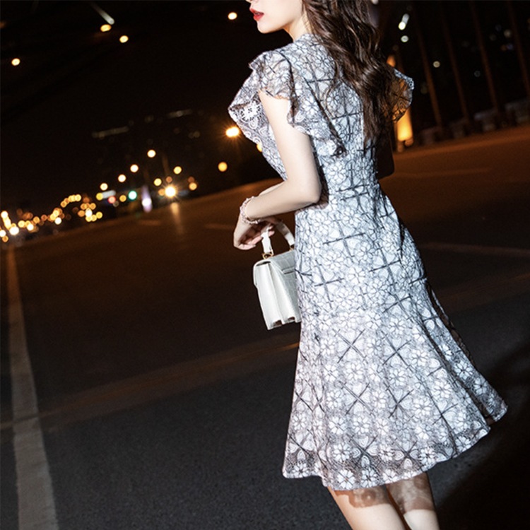 花柄レース フリル フレンチスリーブ パーティードレス