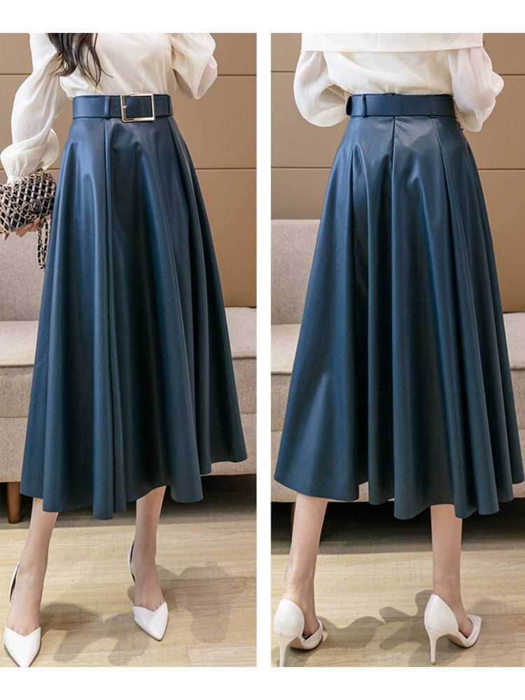 ベルト付き フレアライン フェイクレザースカート