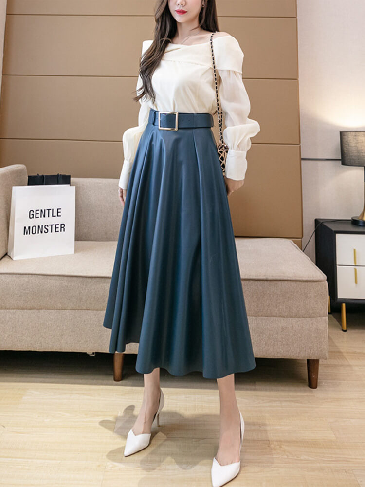 ベルト付き フレアライン フェイクレザースカート