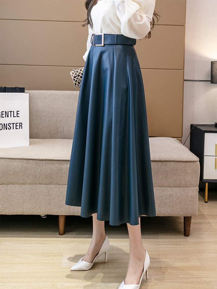 ベルト付き フレアライン フェイクレザースカート