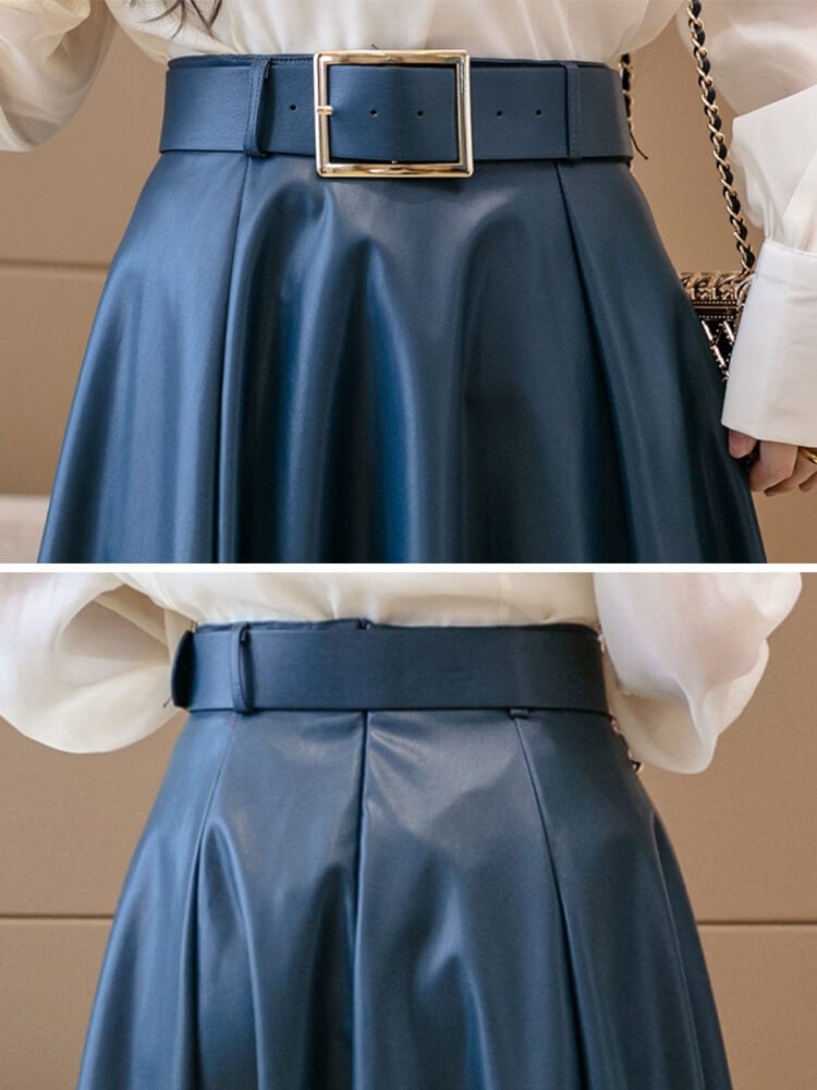 ベルト付き フレアライン フェイクレザースカート