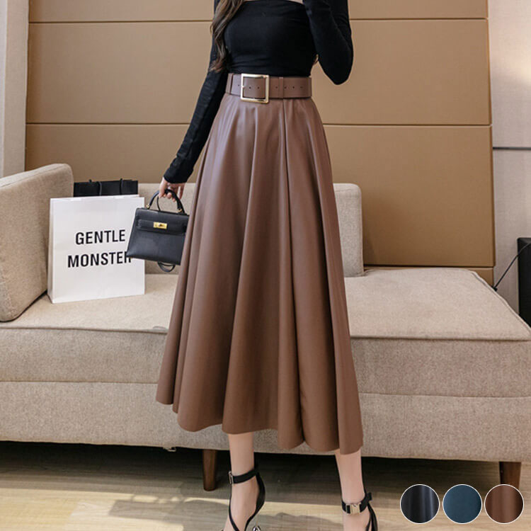 ベルト付き フレアライン フェイクレザースカート