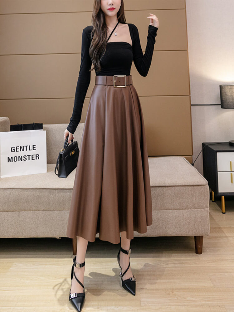 ベルト付き フレアライン フェイクレザースカート