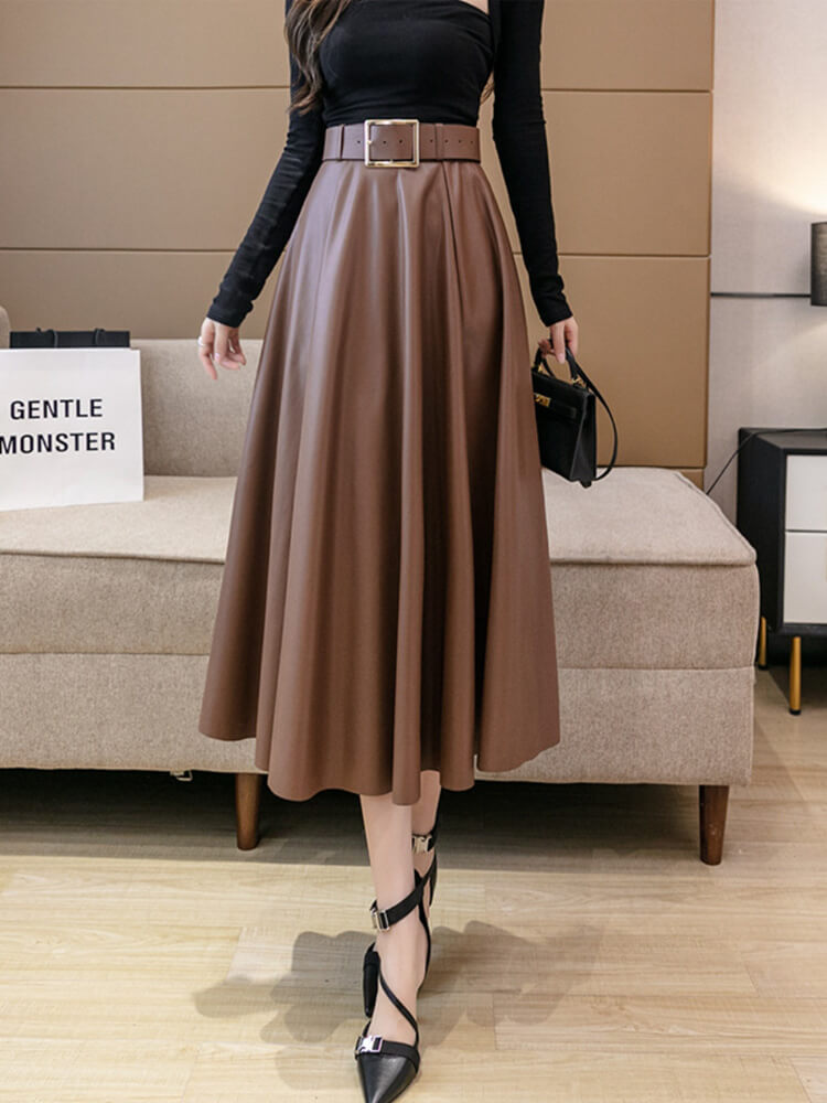 ベルト付き フレアライン フェイクレザースカート