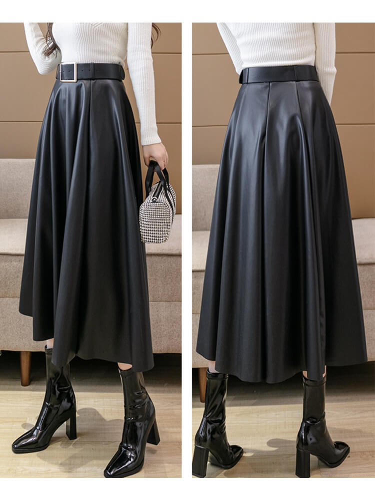 ベルト付き フレアライン フェイクレザースカート