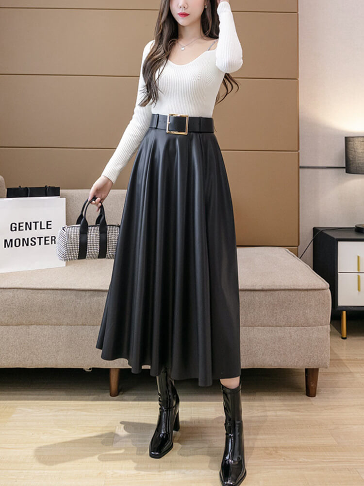 ベルト付き フレアライン フェイクレザースカート