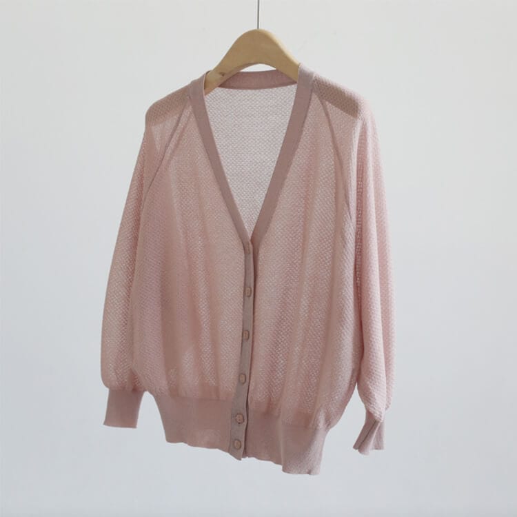 7分袖 Ｖネック ショート丈 シースルー ニットカーディガン