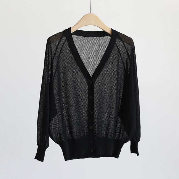 7分袖 Ｖネック ショート丈 シースルー ニットカーディガン