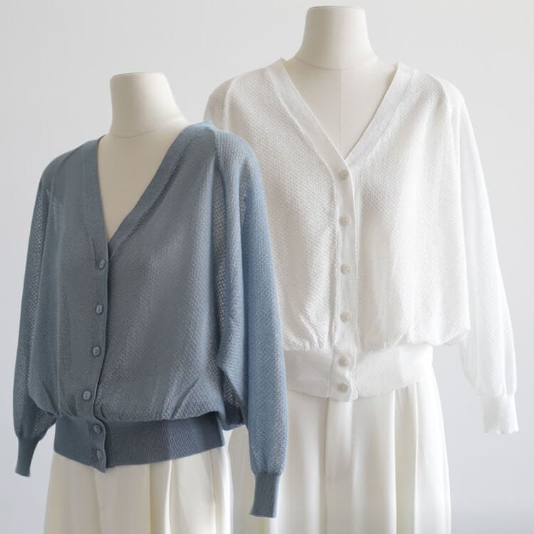 7分袖 Ｖネック ショート丈 シースルー ニットカーディガン