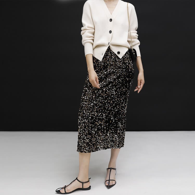 ベルベット スパンコール ミモレ丈 スカート