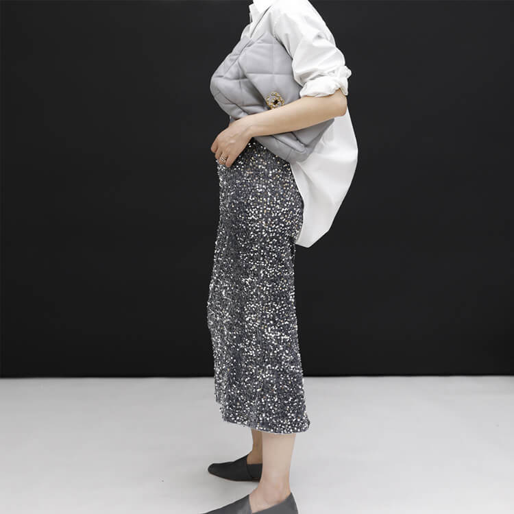 ベルベット スパンコール ミモレ丈 スカート