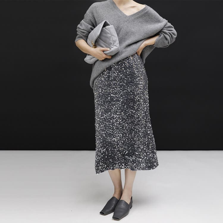 ベルベット スパンコール ミモレ丈 スカート