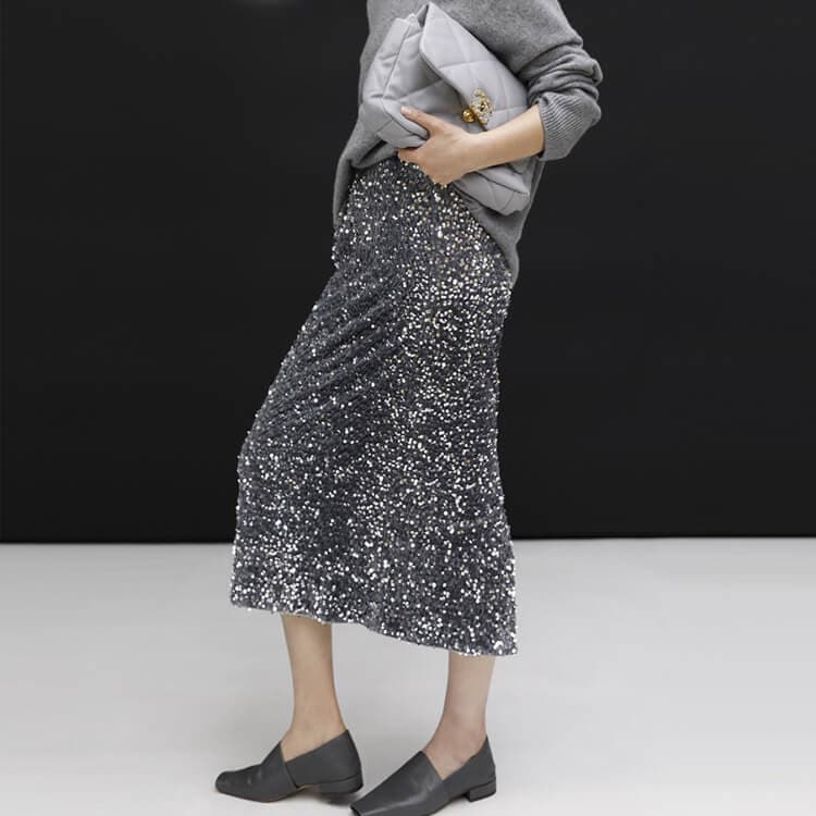 ベルベット スパンコール ミモレ丈 スカート