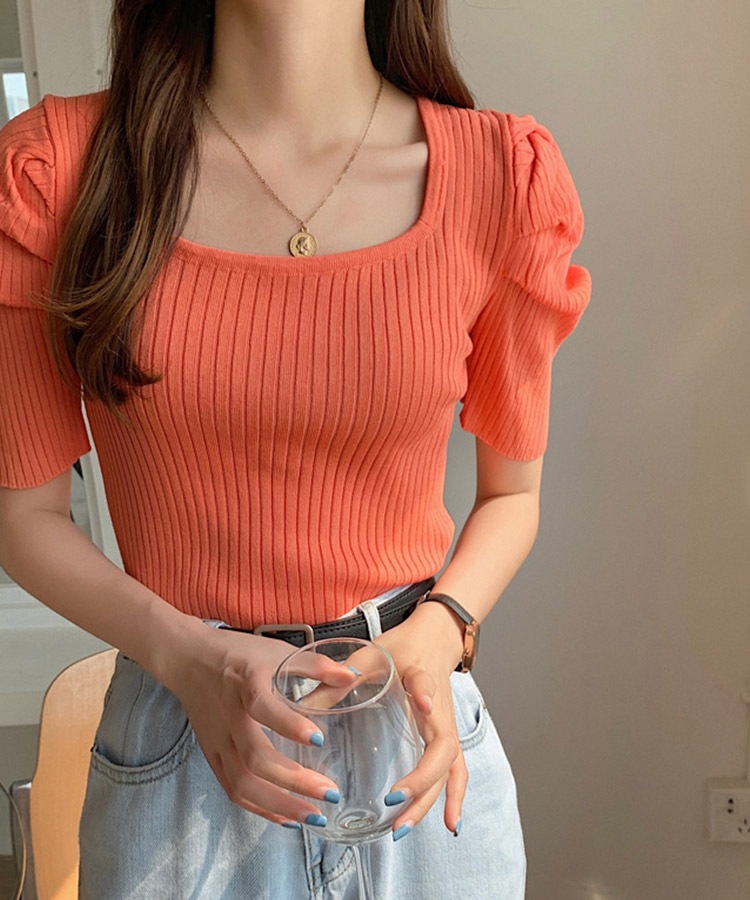 スクエアネック パフスリーブ 5分袖 Tシャツ