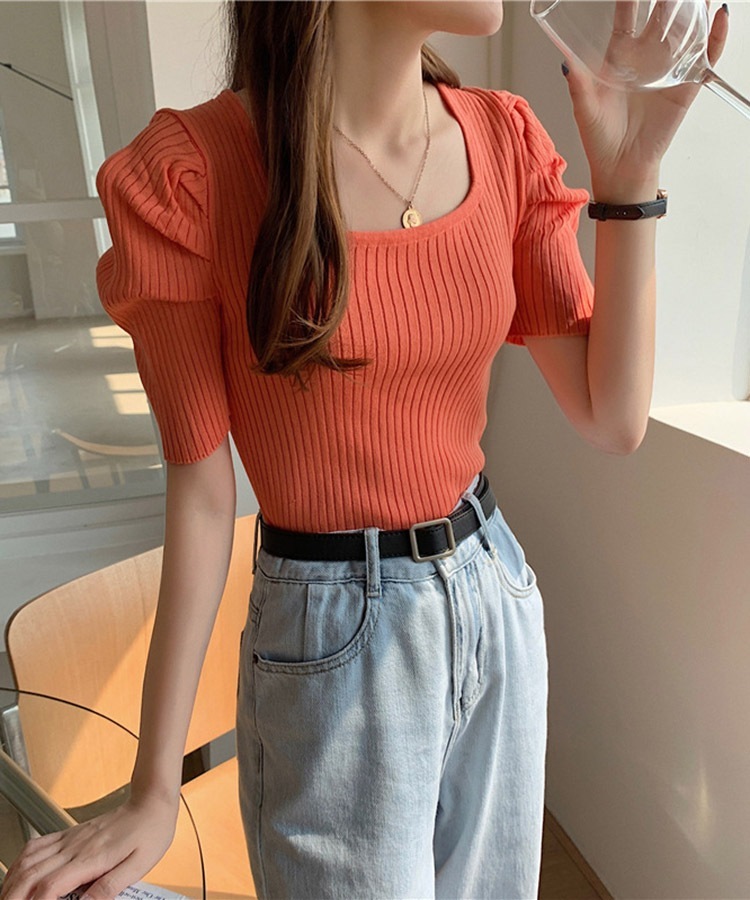 スクエアネック パフスリーブ 5分袖 Tシャツ