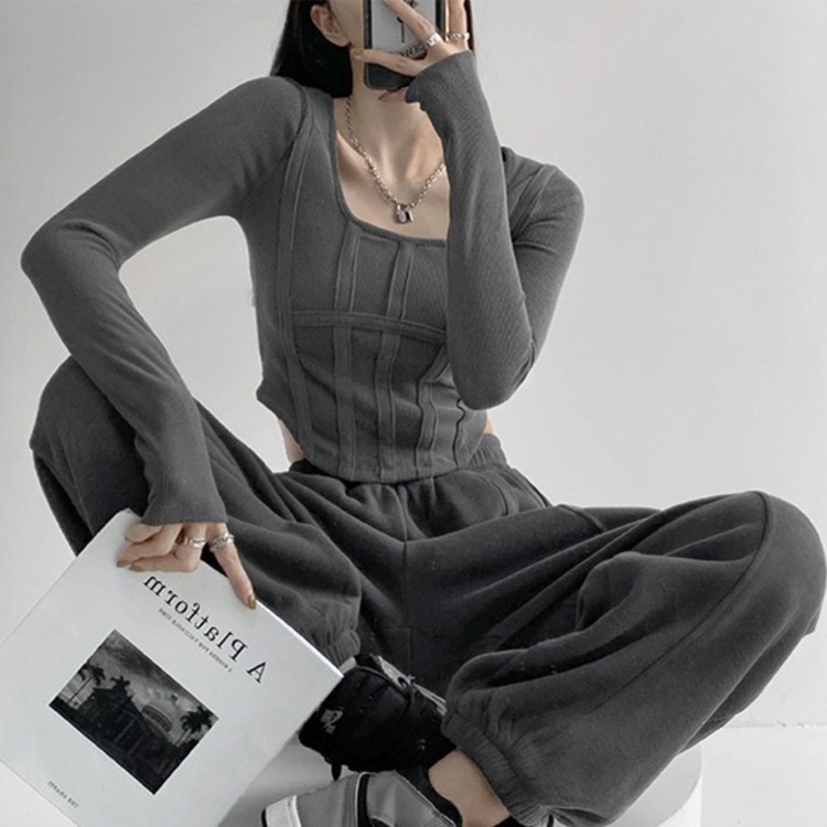 切り替えデザイン 腰見せ 長袖 ショート丈 Tシャツ