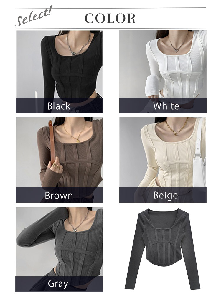 切り替えデザイン 腰見せ 長袖 ショート丈 Tシャツ