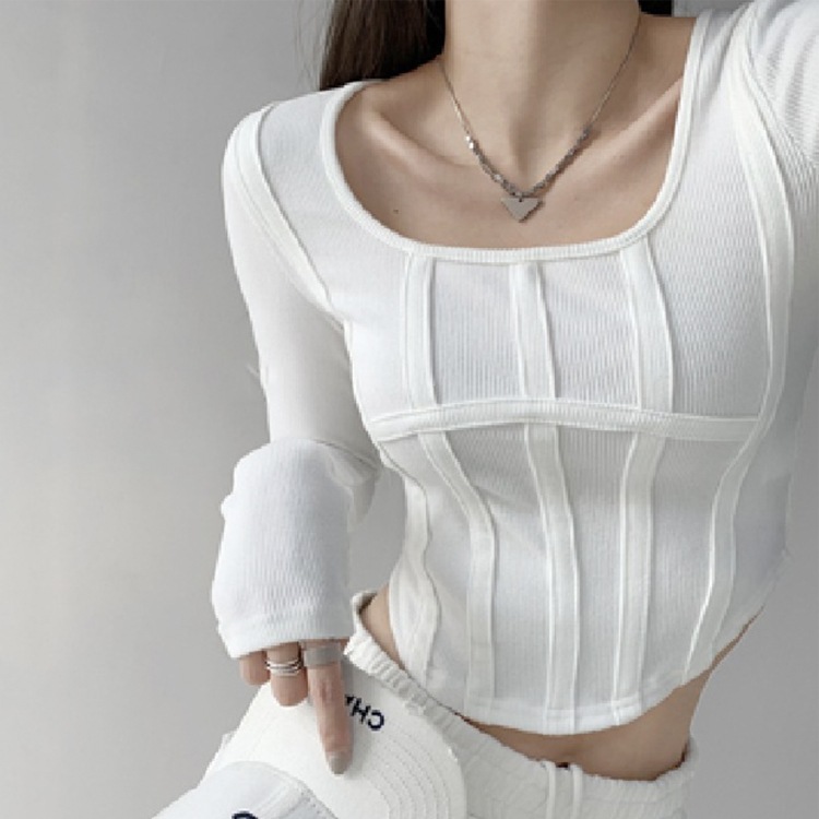 切り替えデザイン 腰見せ 長袖 ショート丈 Tシャツ