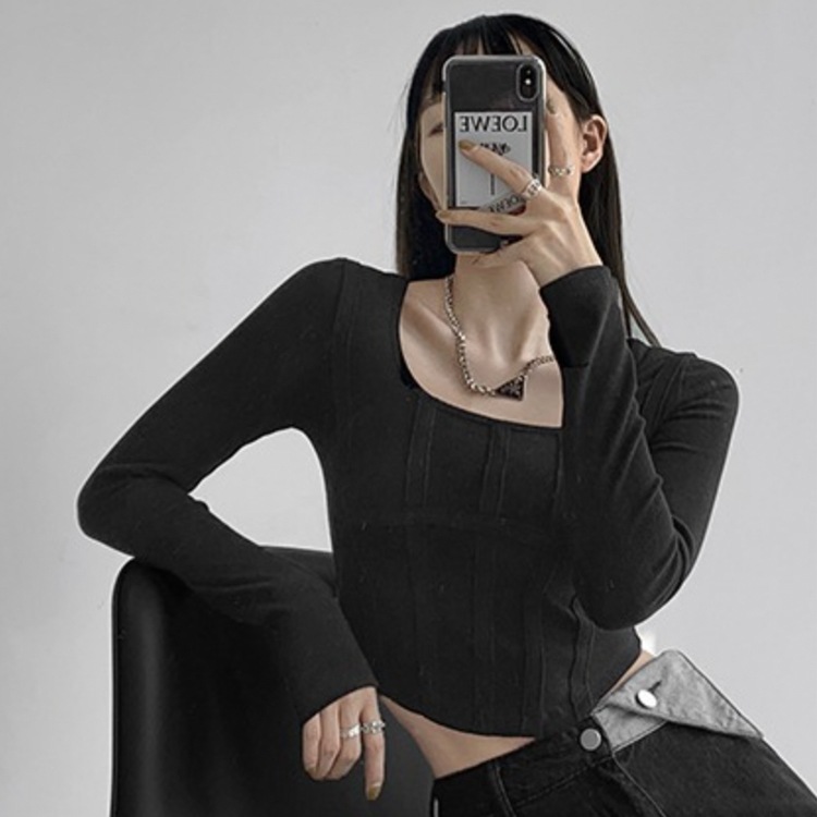 切り替えデザイン 腰見せ 長袖 ショート丈 Tシャツ