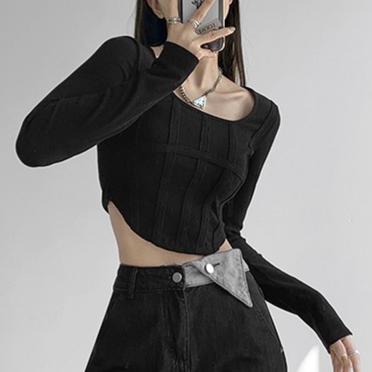 切り替えデザイン 腰見せ 長袖 ショート丈 Tシャツ