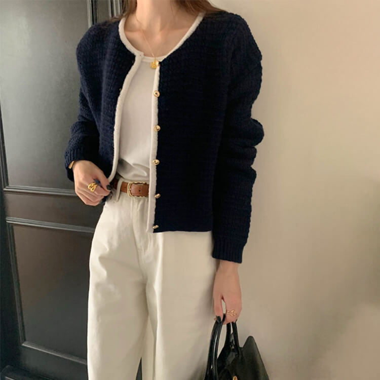 ゴールドボタン ワッフルニット パイピング カーディガン