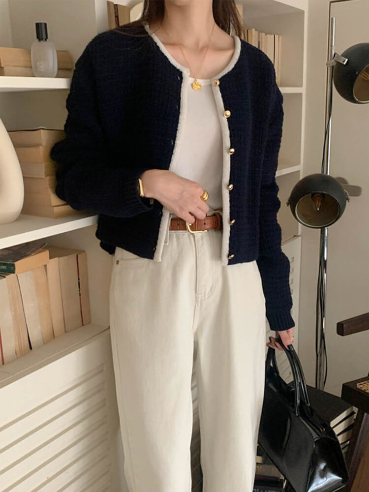 ゴールドボタン ワッフルニット パイピング カーディガン