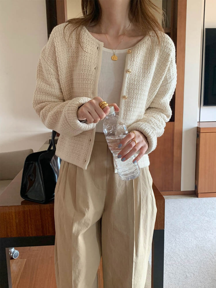 ゴールドボタン ワッフルニット パイピング カーディガン