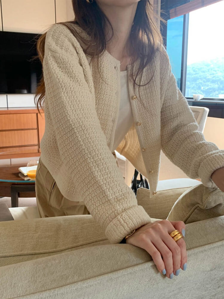 ゴールドボタン ワッフルニット パイピング カーディガン