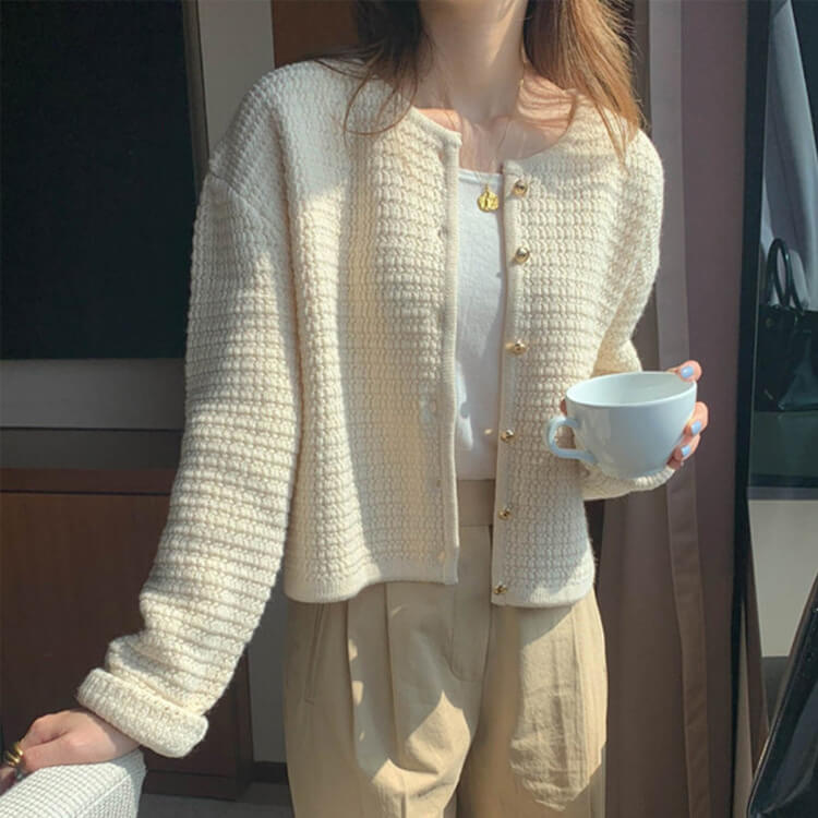 ゴールドボタン ワッフルニット パイピング カーディガン