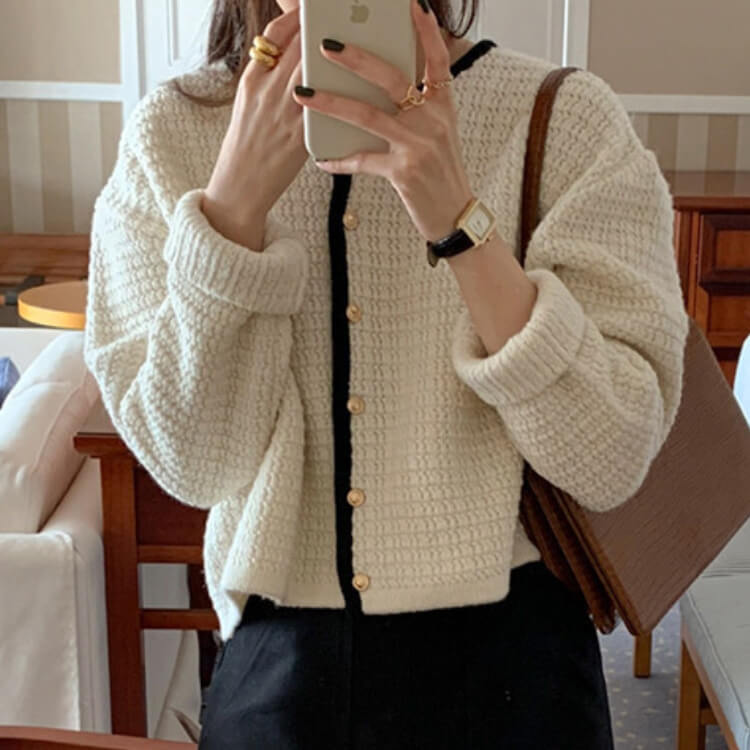 ゴールドボタン ワッフルニット パイピング カーディガン