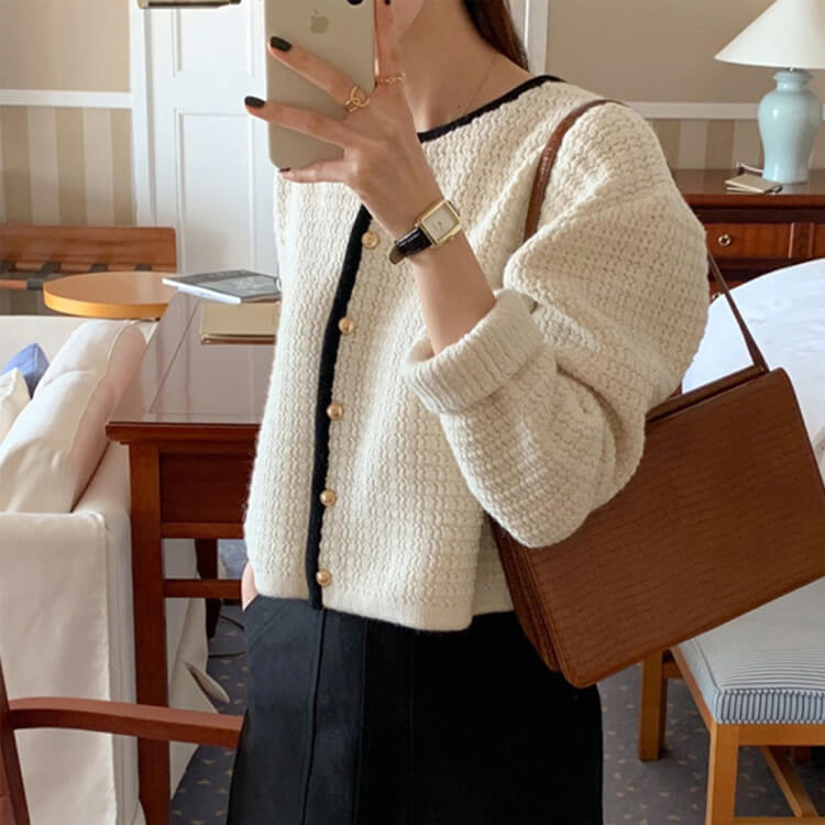 ゴールドボタン ワッフルニット パイピング カーディガン