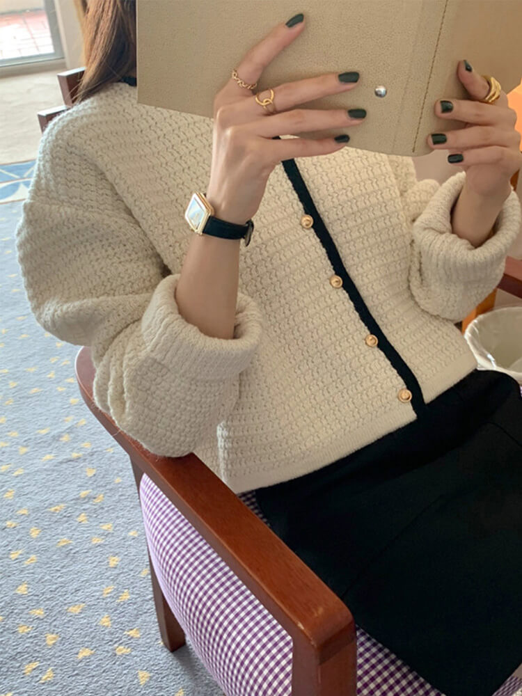 ゴールドボタン ワッフルニット パイピング カーディガン