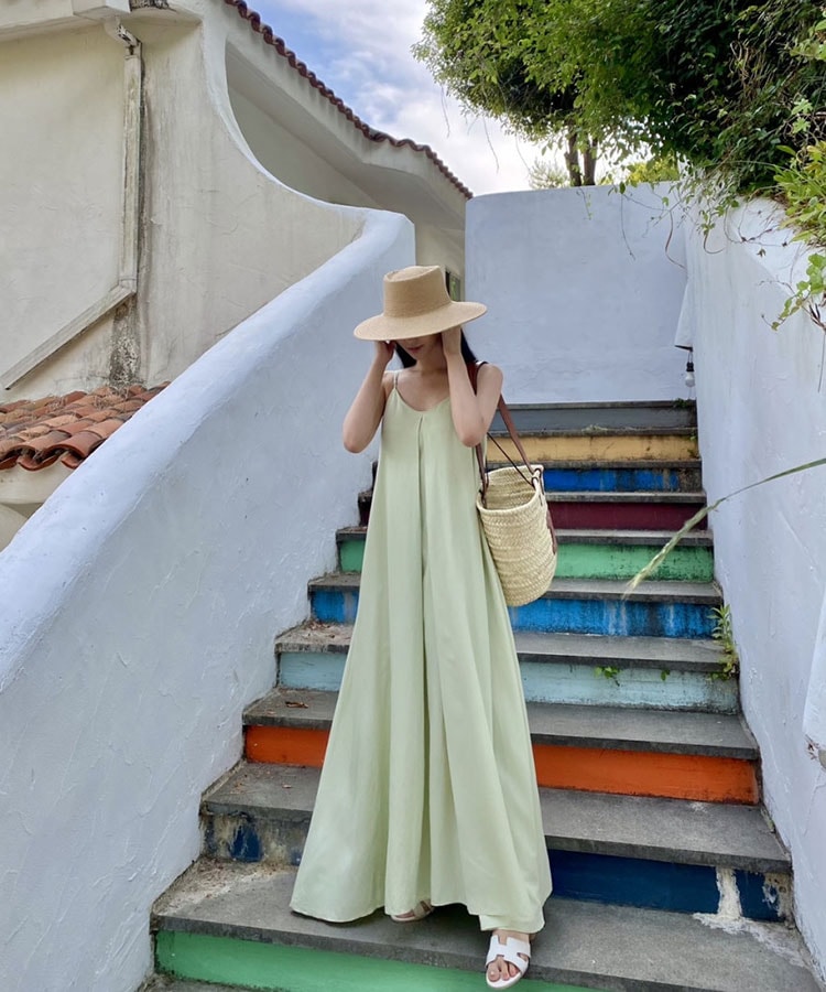 Vネック ロング丈 キャミソール ワンピース