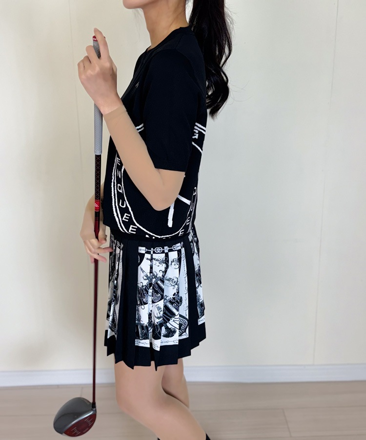 韓国ゴルフウェア モノトーンスカーフ柄 プリーツスカート