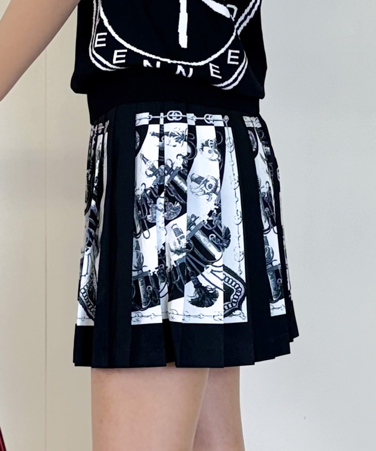 韓国ゴルフウェア モノトーンスカーフ柄 プリーツスカート