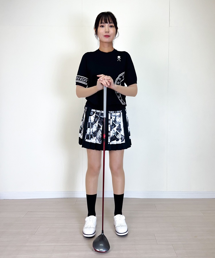 韓国ゴルフウェア モノトーンスカーフ柄 プリーツスカート