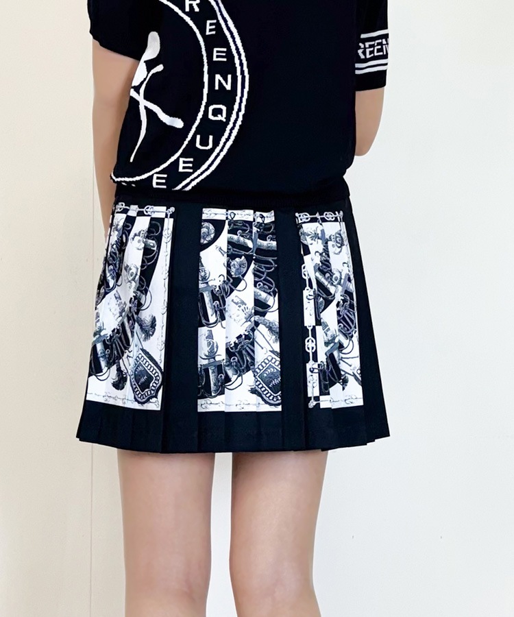 韓国ゴルフウェア モノトーンスカーフ柄 プリーツスカート