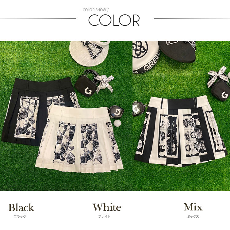 韓国ゴルフウェア モノトーンスカーフ柄 プリーツスカート