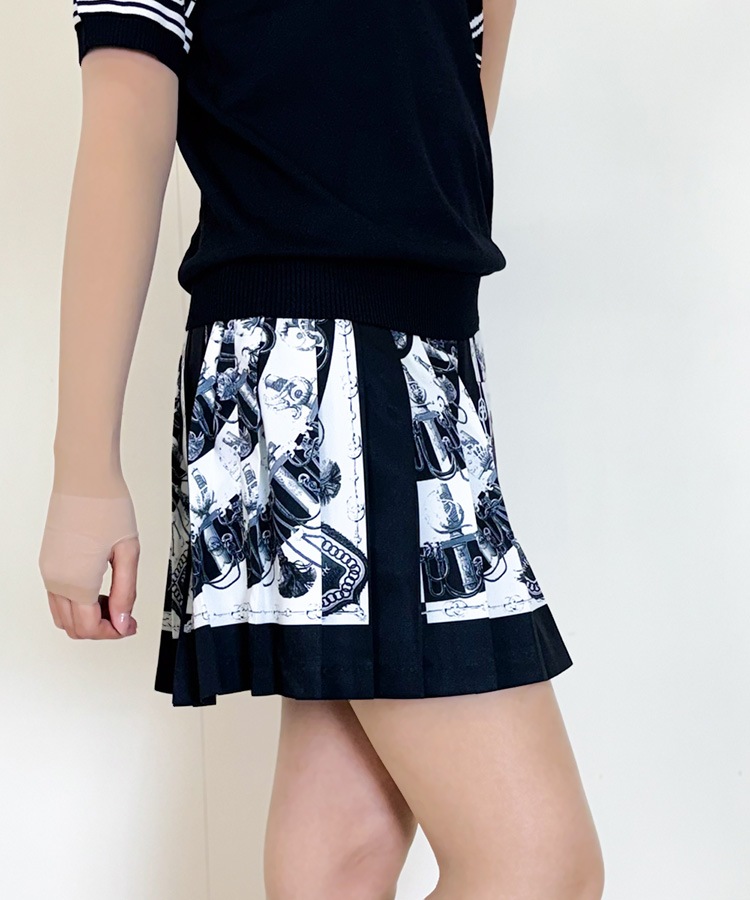 韓国ゴルフウェア モノトーンスカーフ柄 プリーツスカート