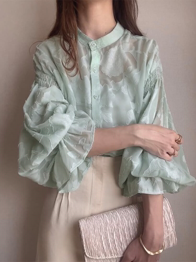 ノーカラー ハーフハイネック 花柄 シースルー 長袖 

