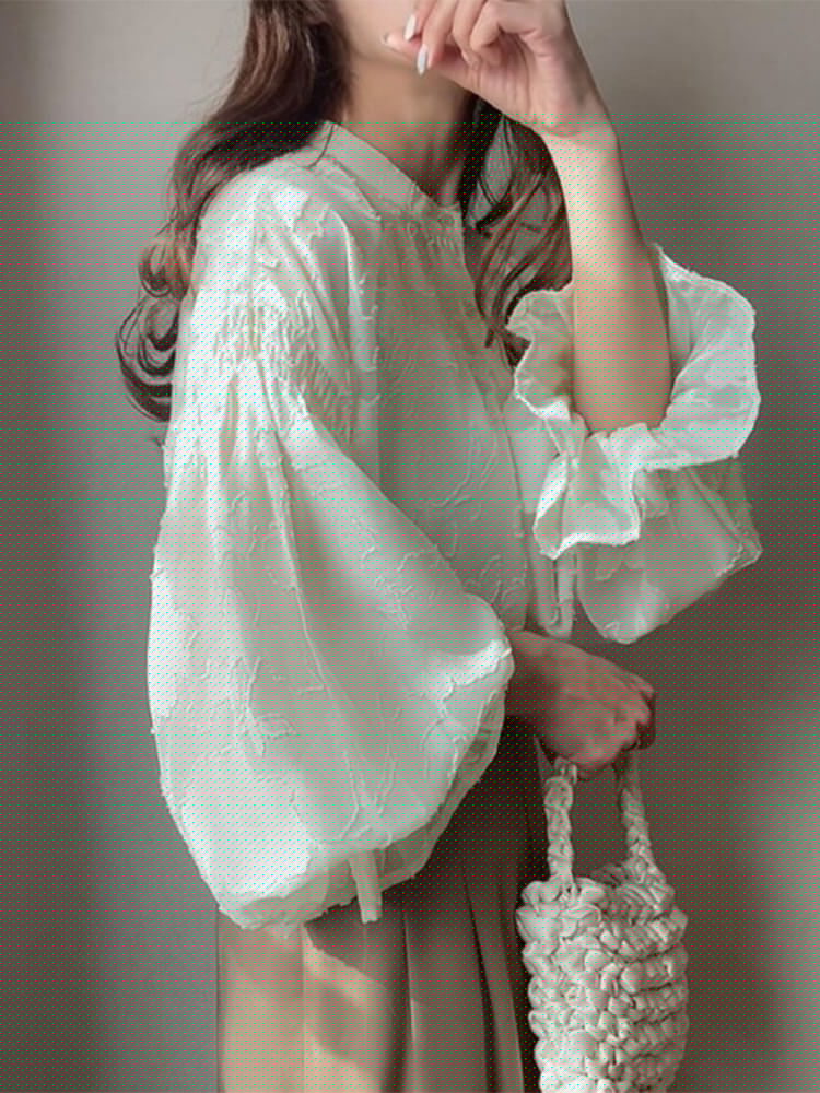 ノーカラー ハーフハイネック 花柄 シースルー 長袖 

